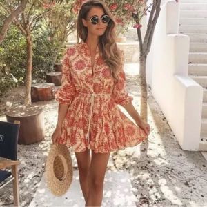 Zara Coral Pink Orange Long Sleeve Cotton Pleated Mini Dress no belt Size XL